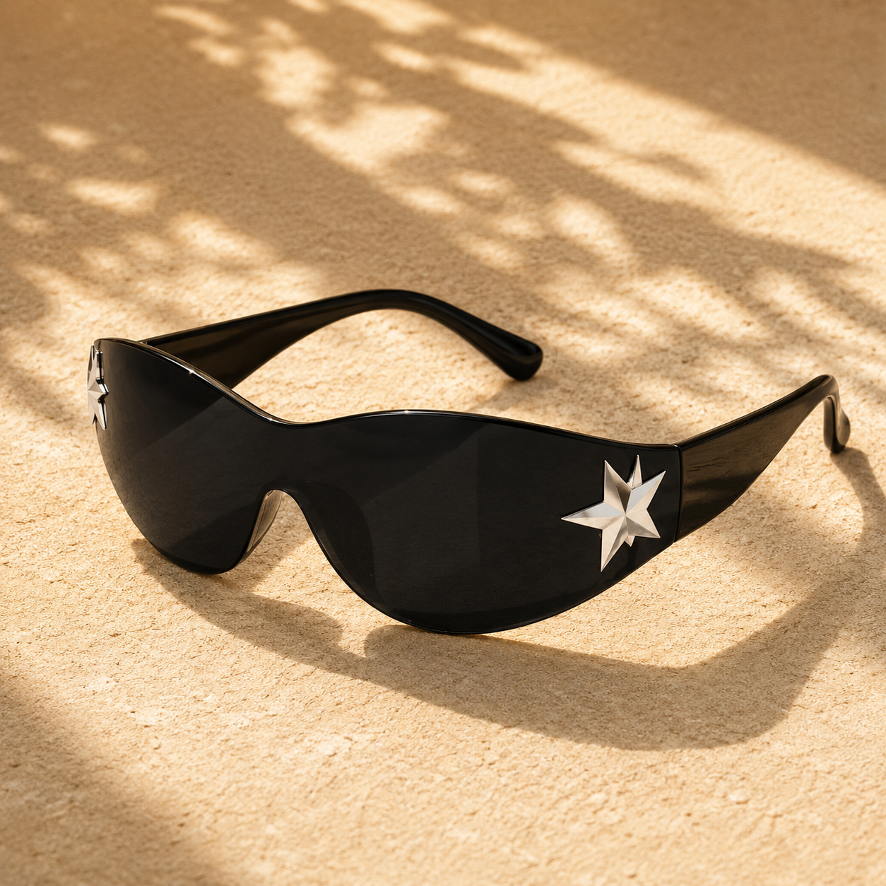Lunettes de soleil futuristes noires avec étoiles argentées – Style Y2K tendance