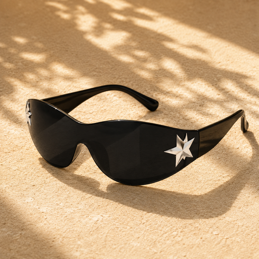 Lunettes de soleil futuristes noires avec étoiles argentées – Style Y2K tendance